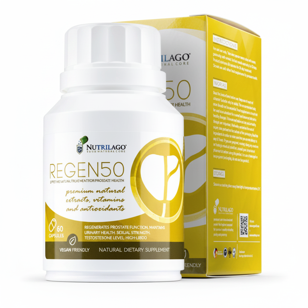 REGEN50 cápsulas naturais para saúde urinária e próstata – fundo branco